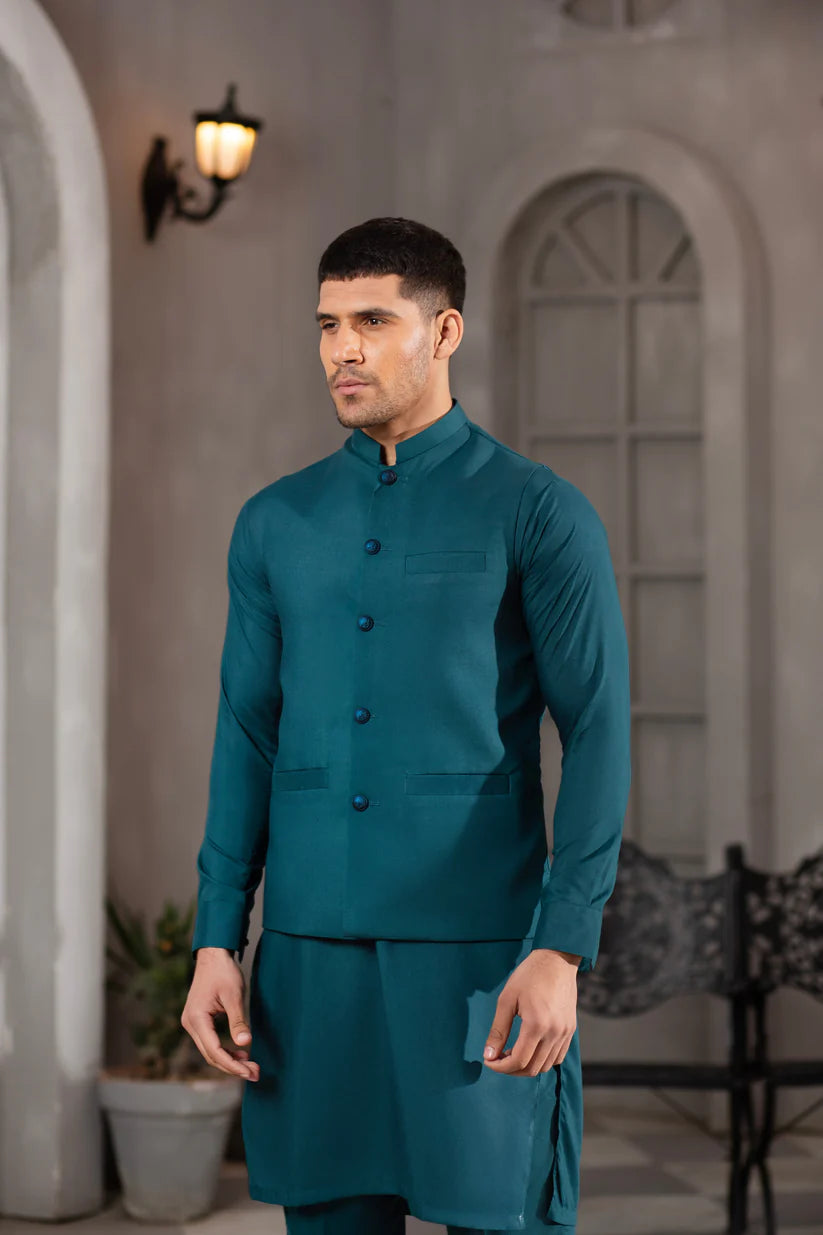 GREEN KURTA PAJAMA WITH WAISTCOAT PoshStore